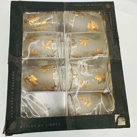 7 Vintage 60s Libbey Frosted Gold Autumn Leaves High Ball Water Glasses NIB MCM - Picture 10 of 14